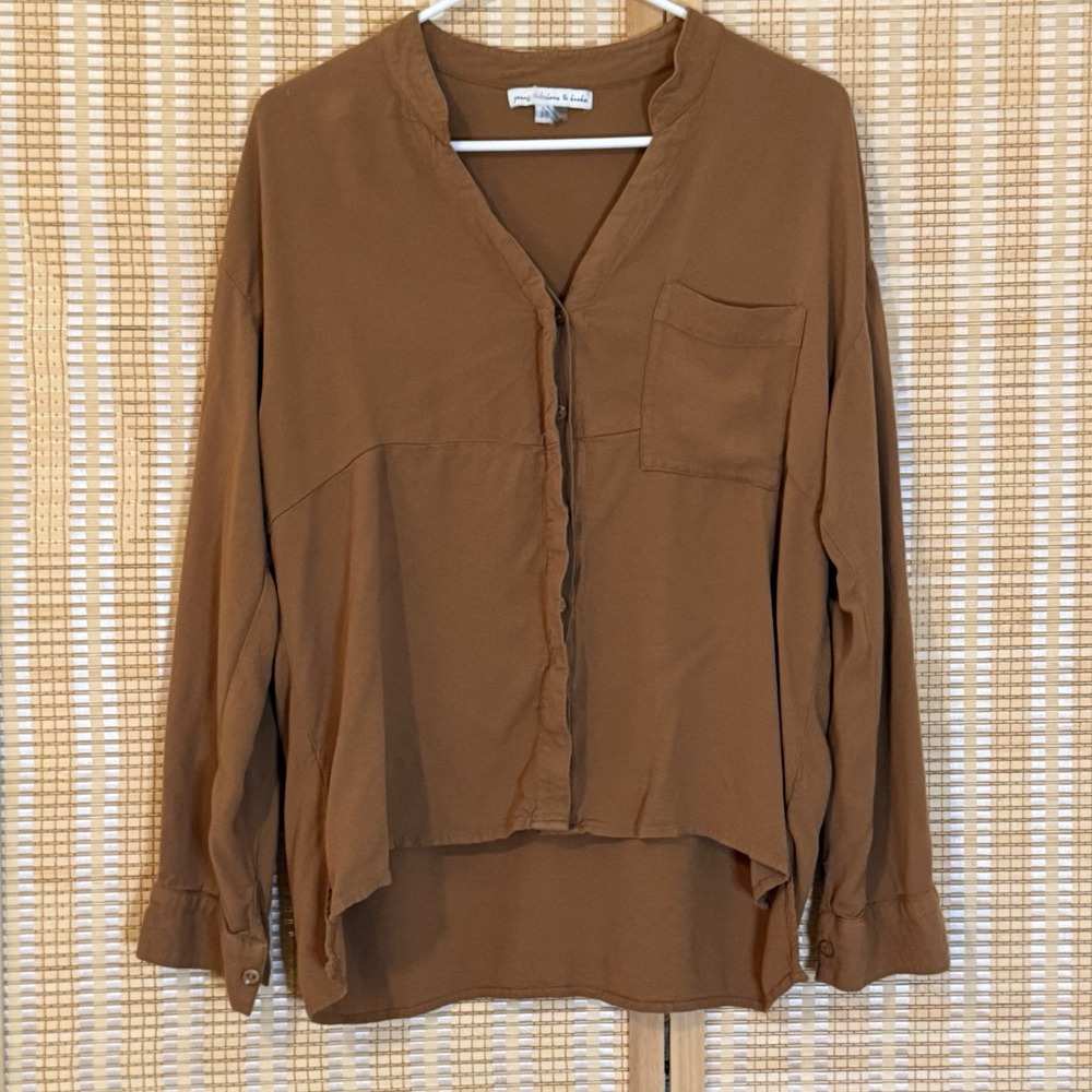 Young Fabulous & Broke Womens M Brown Blouse Roll Tab High Low Hem Office Boho